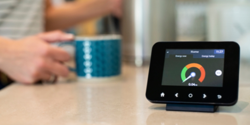 Smart energy device on a kitchen countertop.